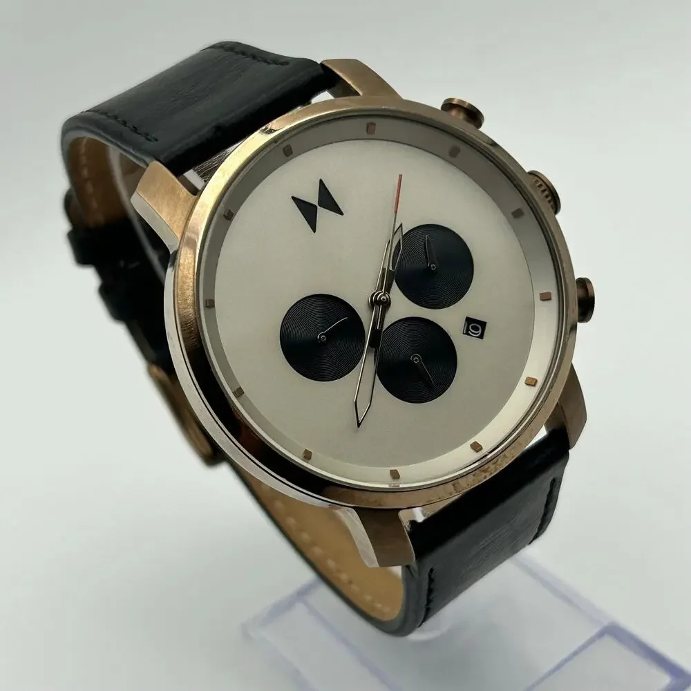 MVMT Chrono Men’s Watch Rose-gold Case Black Leather Band Working New Battery